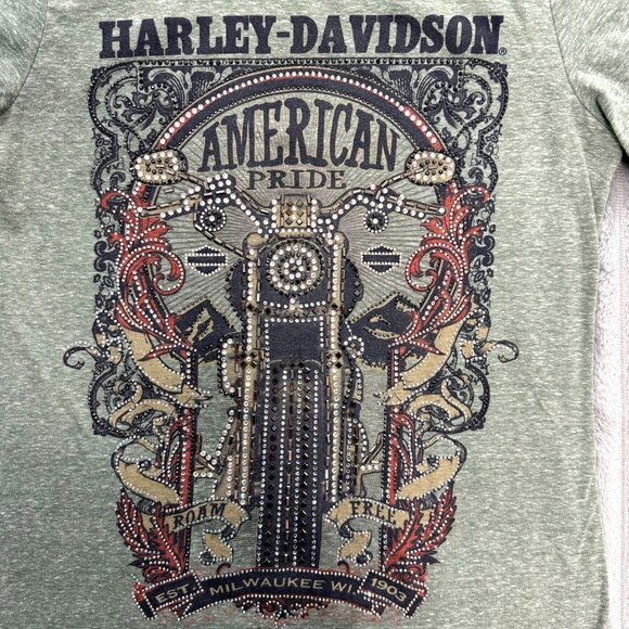 Harley-Davidson Top‎ Womens M Green Studded American Pride Milwaukee Tie Sleeves - Picture 5 of 8